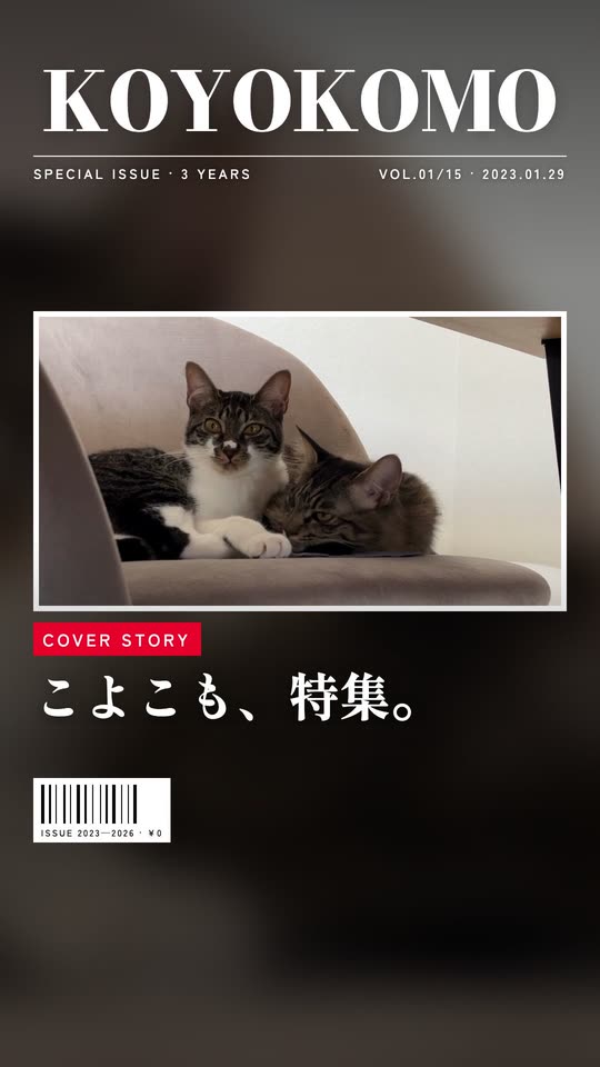 雑誌の表紙風の画面。「KOYOKOMO」のロゴと、こよこもの写真